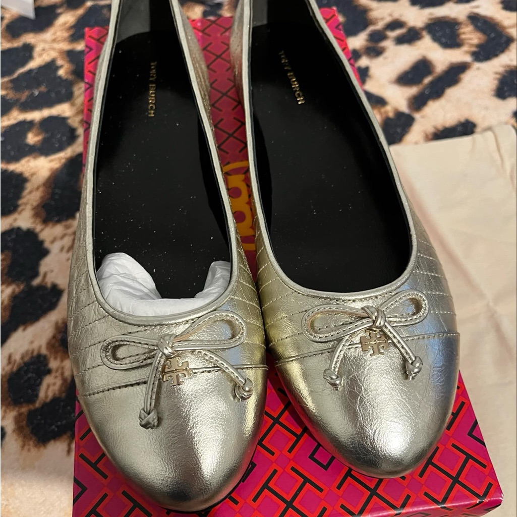Tory Burch Women's Quilted Cap Toe Ballet Flats Metallic Leather.